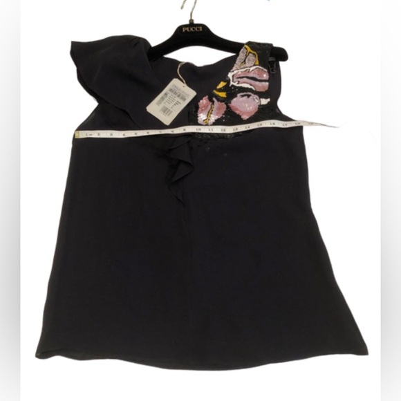 NWT Emilio Pucci Black Silk Top with Multicolored Sequins on one shoulder size M - Picture 7 of 12